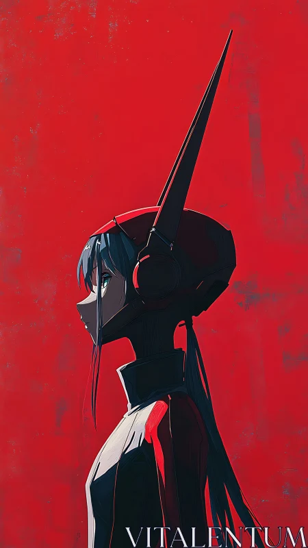 Cybernetic girl profile dominates stark crimson void.