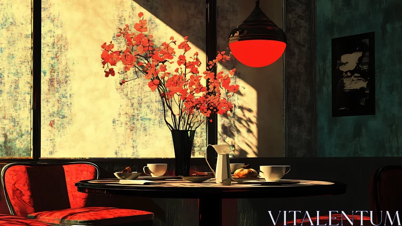 Caf&eacute; table still life under raking light and chromatic contrast.