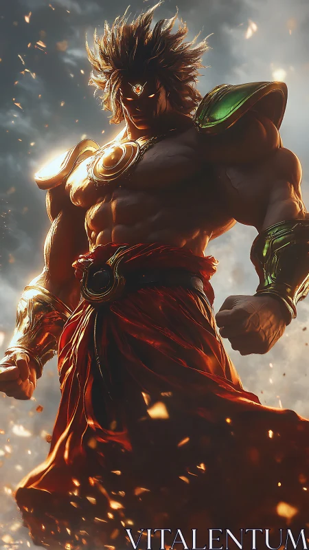 Mythic fire warrior with glowing armor in stormlight.