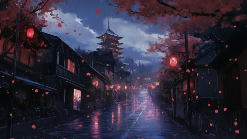 Rain-drenched Kyoto lane under lantern glow and pagoda night.