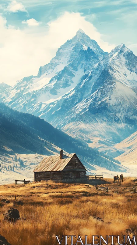 Remote wooden cabin below towering snowy mountain peak.