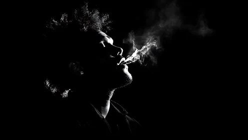 Stark silhouette exhaling smoke in dramatic low key lighting.