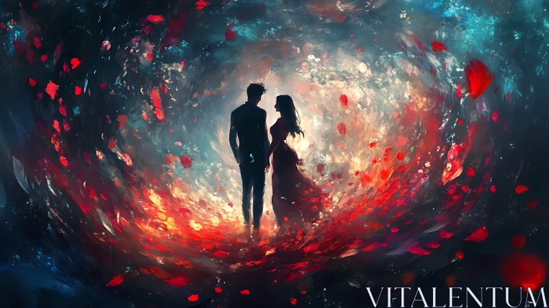 Two Silhouettes Dancing Through Crimson Chaos.