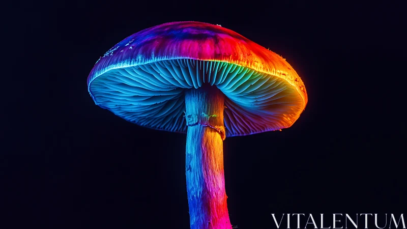 Glowing rainbow mushroom shining softly in the dark night.