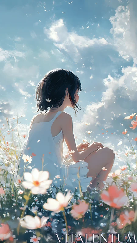 Girl in white dress sits in sunlit flower field under sky