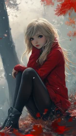 Silent girl in red coat cradling autumn’s last embers of warmth.