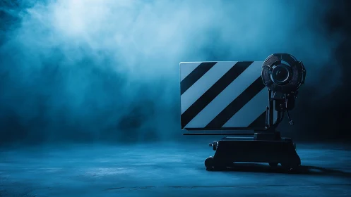 Studio cine fan with striped flag in atmospheric blue haze.