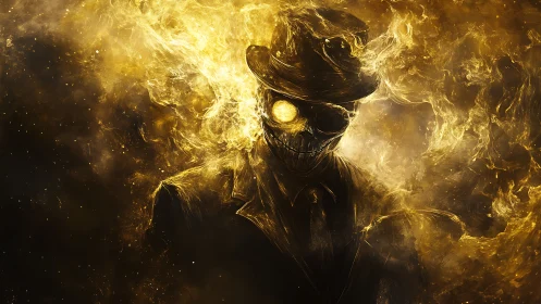 Skeletal figure in suit within swirling golden smoke field.