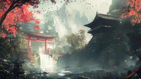 Crimson Torii Dreamfall above a Mist-Crowned Temple Pool.
