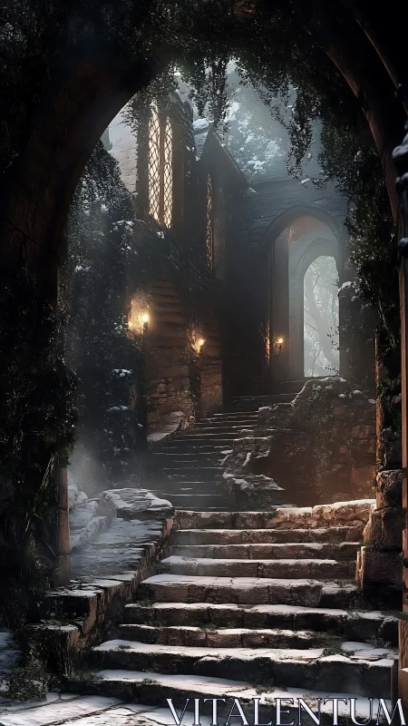 Stone stairway to ivy-covered house in snowy twilight.