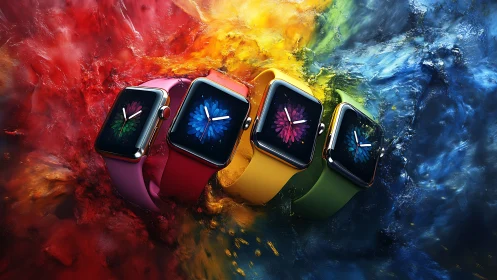 Smartwatch quartet arcs through chromatic liquid explosion field