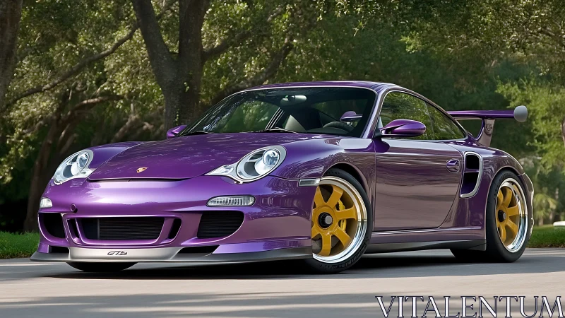 Purple performance coupe stands poised under sunlit trees