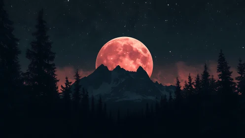 Red full moon aligned behind coniferous mountain ridge.