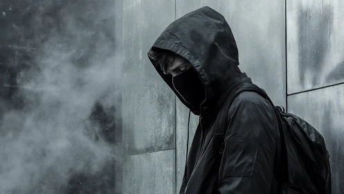Hooded figure in black mask leaning against metal wall.