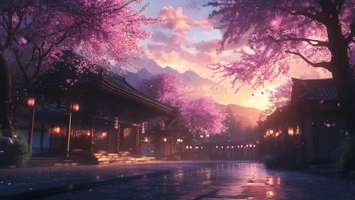 Digital rendering shows temple street beneath blooming trees