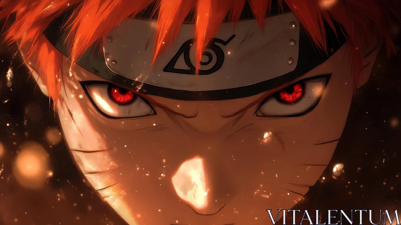 Fiery red-eyed anime ninja portrait in intense close-up focus