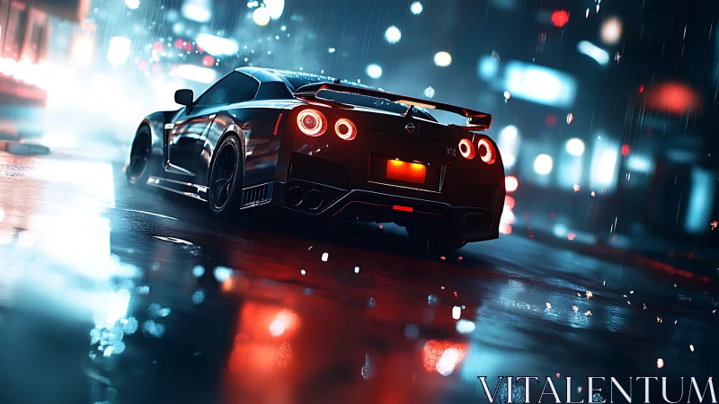 Sports car drives through wet neon city street at night.