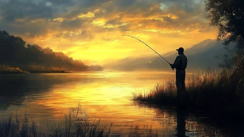 Silhouetted angler stands on riverbank during sunset