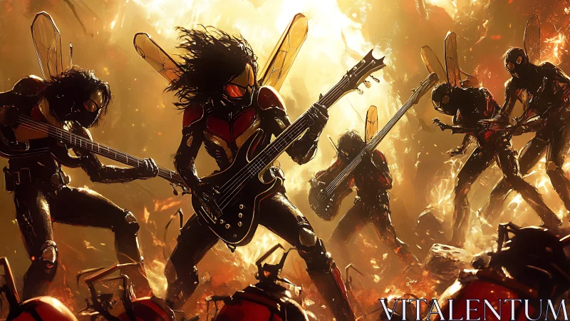 Insectoid rock band in molten amber light, dynamic staging.