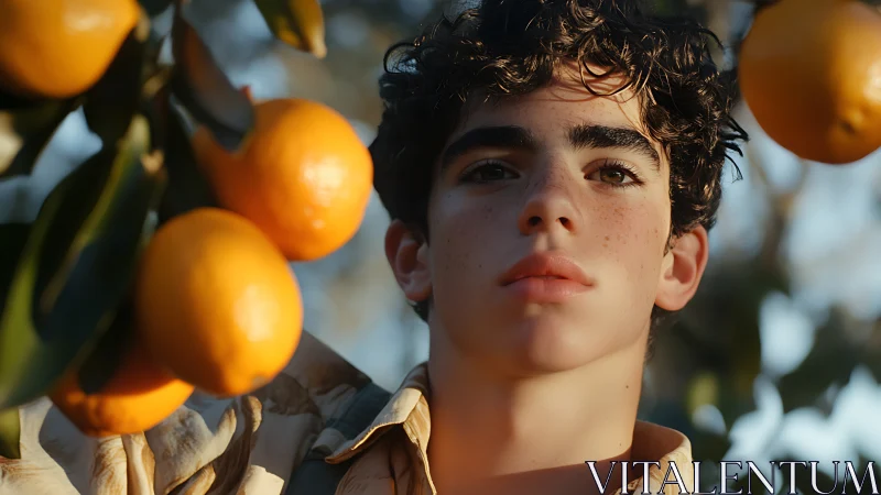 Sunlit citrus dreamer framed by glowing orange branches.