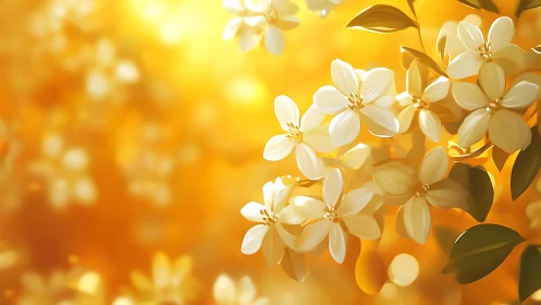 White blossoms against glowing warm golden background.