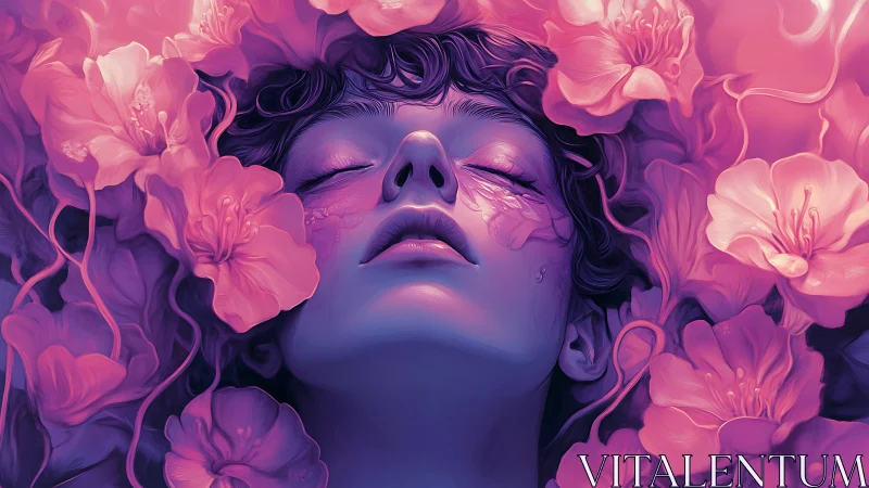 Dreamlike portrait of serene face surrounded by flowers.