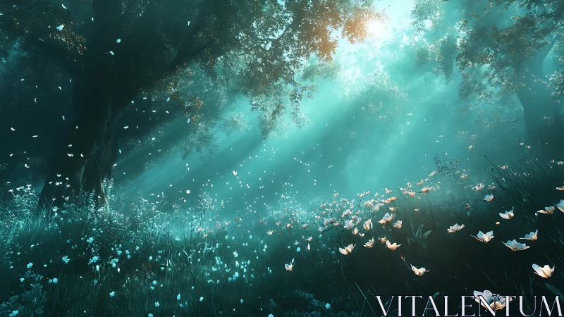 Sunlit forest clearing displays flowers and drifting petals