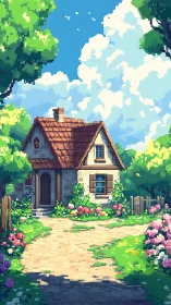 Sunny cottage garden rendered in bright pixel style.