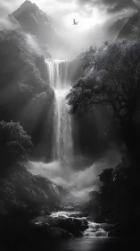 Mystic waterfall valley wrapped in soft silver morning light.
