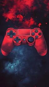Red neon gaming controller with dynamic particle dispersion effect