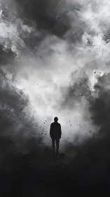 Silhouetted figure standing in dense swirling monochrome fog.