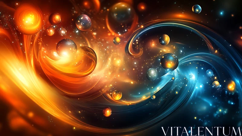 Colorful cosmic energy swirl with glowing floating orbs.