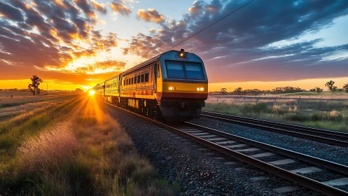 Passenger train advances on rural railway at low sunset light