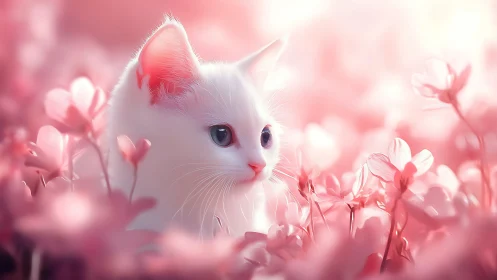 Alabaster Feline Dream Among Rose Garden Whispers.