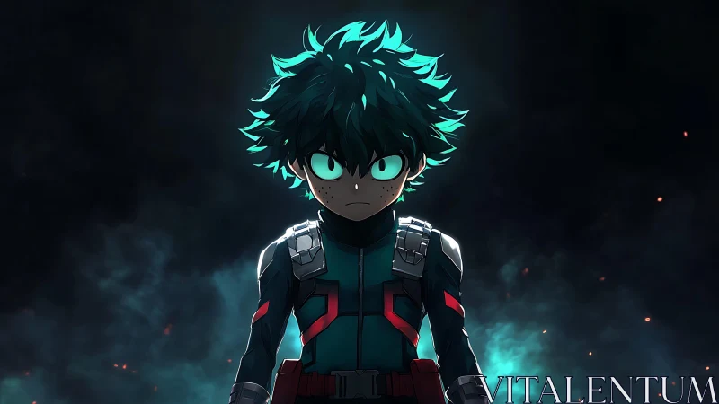 High-contrast anime hero in tactical suit, backlit by embers.