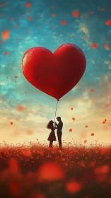 Love Ascending: Two Hearts Beneath a Giant Crimson Balloon.