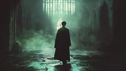 Lone figure crosses misted gothic hall toward emerald light.