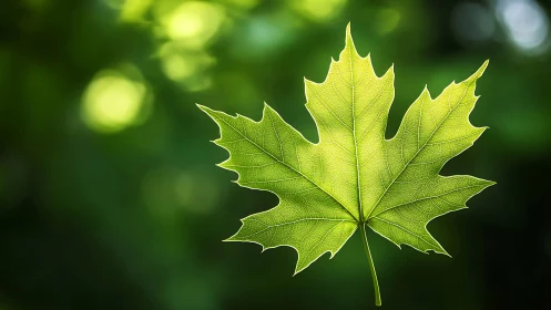 Backlit maple leaf reveals intricate venation against bokeh field