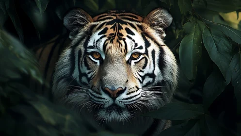Tiger face framed by dark jungle leaves in close focus.