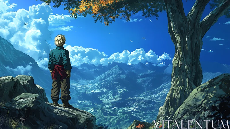 Solitary figure surveys expansive alpine valley under vivid sky