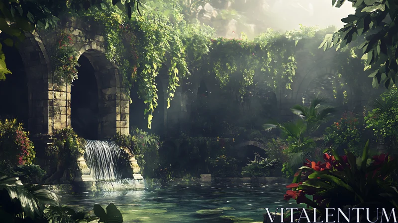 Lush jungle ruins with stone arches and waterfall pool.