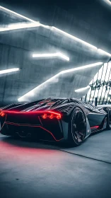 Futuristic low-profile sports car in illuminated tunnel.