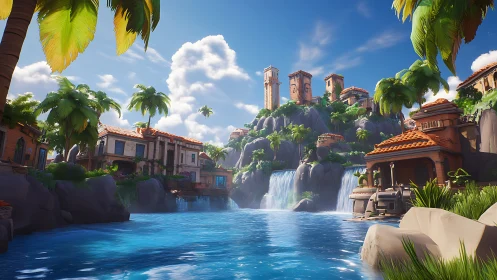 Digital landscape rendering depicting waterfall cascade through architectural settlement structure.