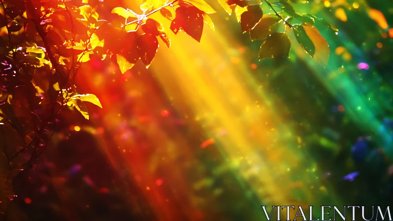 Sunlit leaves glow through prismatic forest light beams