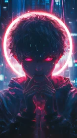 Neon-lit cyber youth quietly glows under a radiant halo