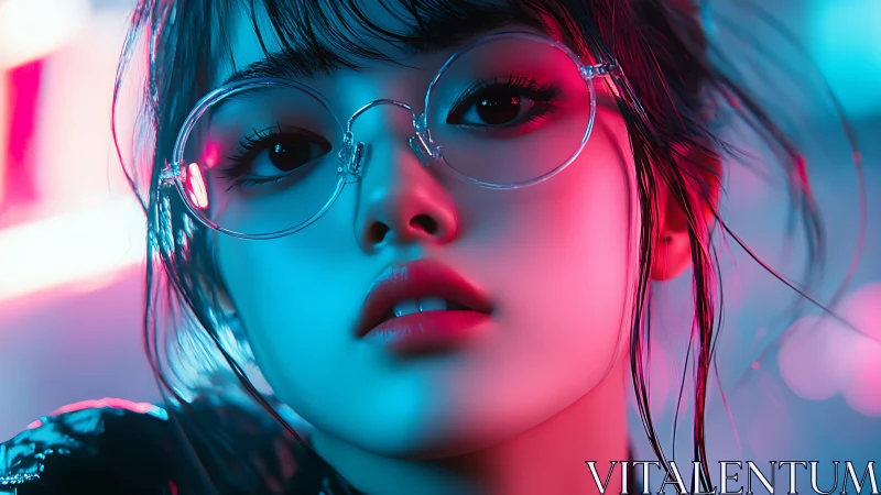 Neon-bathed cybergaze portrait with chromatic rim lighting.