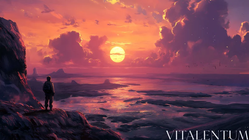 Lone traveler watching vivid sunset over alien coast.