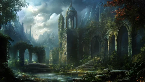 Moonlit ruins cradle a forgotten cathedral in misty vale.