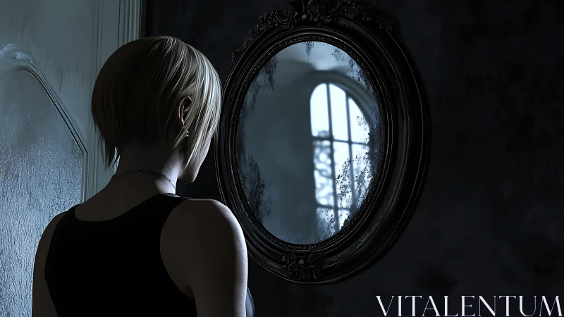 Backlit woman studies aged oval mirror with cold specular highlights