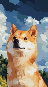 Regal shiba portrait under stylized summer sky clouds.
